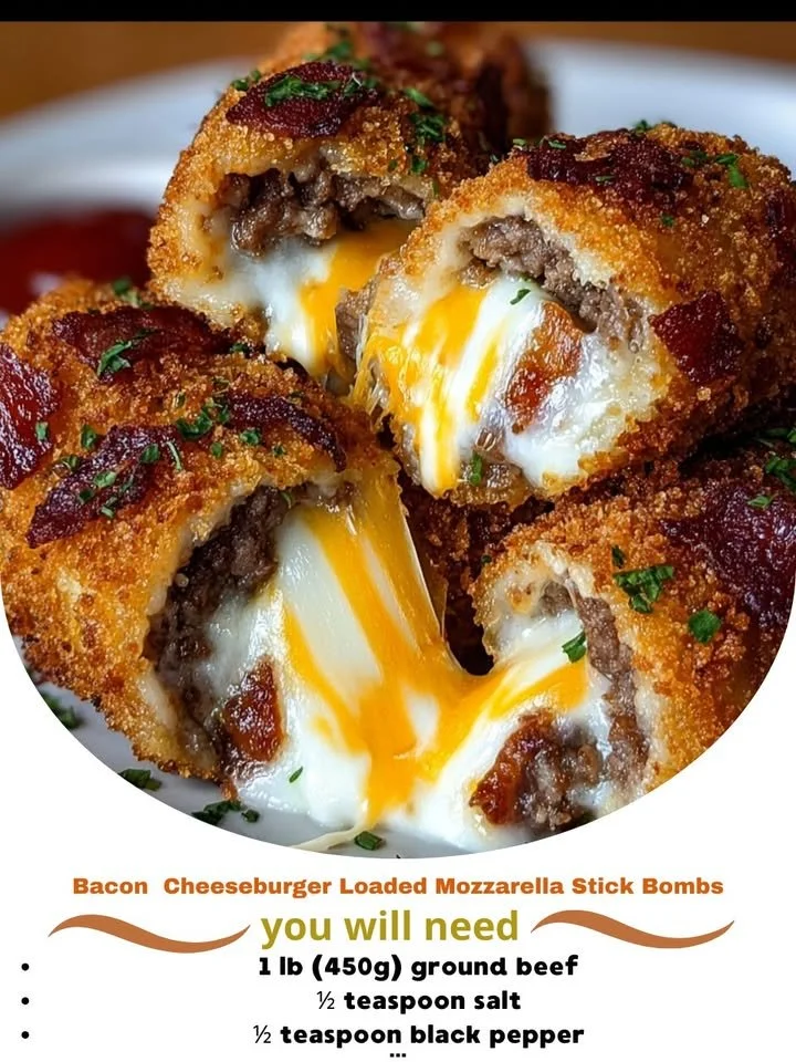 Bacon cheeseburger loaded mozzarella stick bombs on a plate