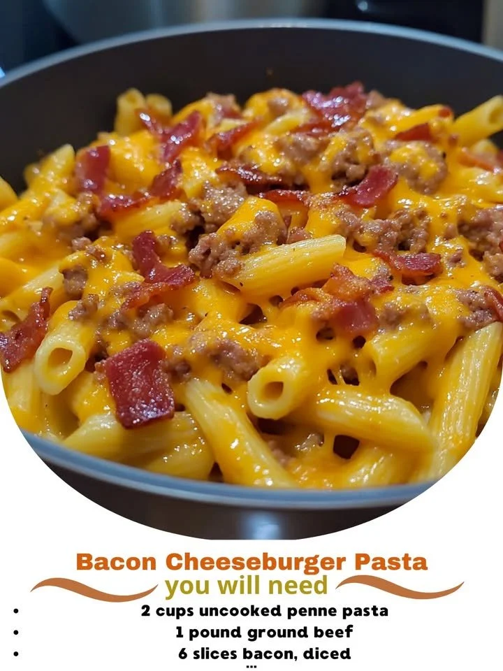 Bacon Cheeseburger Pasta served in a bowl with melted cheese and crispy bacon