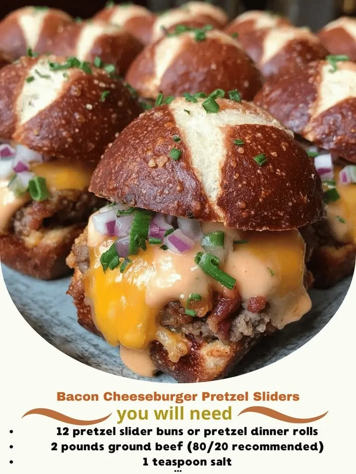 Bacon Cheeseburger Pretzel Sliders on a rustic platter