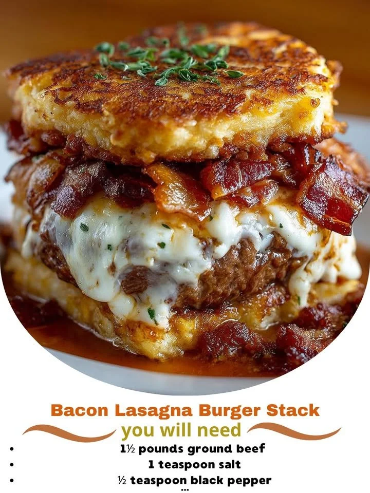 Bacon Lasagna Burger Stack with layers of bacon, pasta, and cheese.