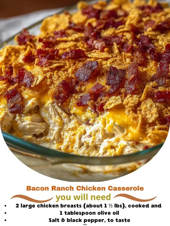 Bacon Ranch Chicken Casserole with crispy bacon and ranch dressing