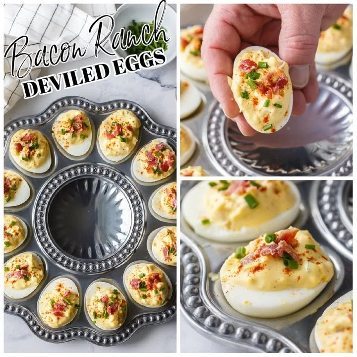 Delicious Bacon Ranch Deviled Eggs topped with crispy bacon bits and ranch seasoning.