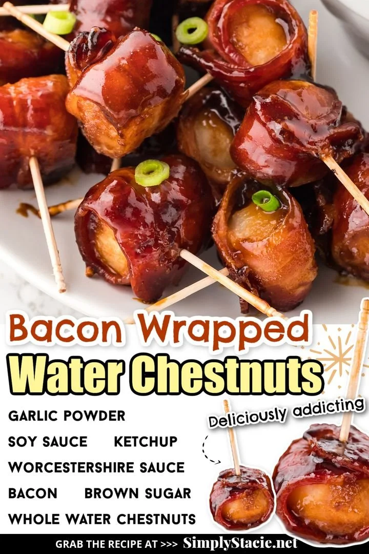 Plate of delicious Bacon Wrapped Water Chestnuts appetizers served at a party.