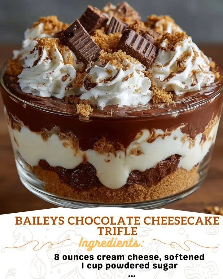 Delicious Baileys chocolate cheesecake trifle with layers of chocolate and cream