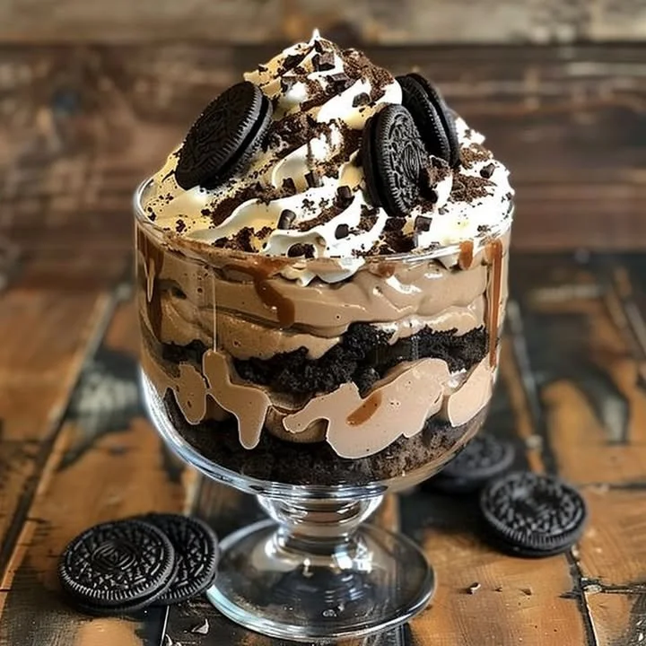 Delicious Bailey's Chocolate Cheesecake Trifle layered in a glass dish