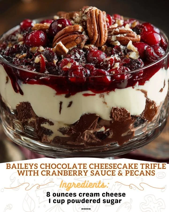 Baileys chocolate cheesecake trifle topped with cranberry sauce and pecans
