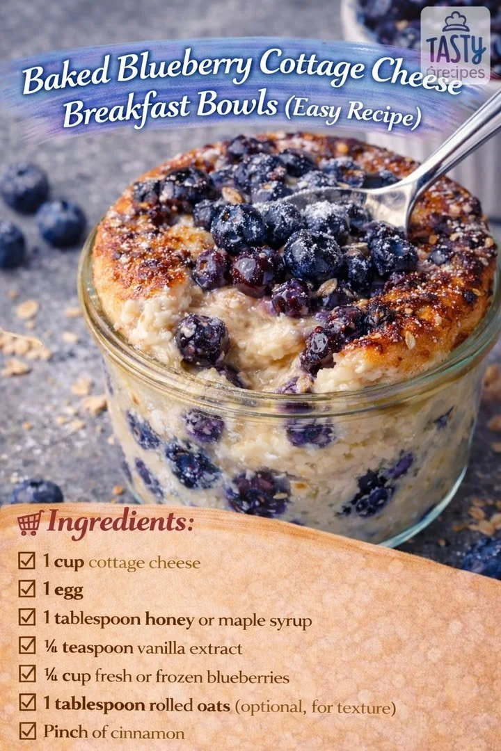 Baked blueberry cottage cheese breakfast bowls topped with fresh blueberries