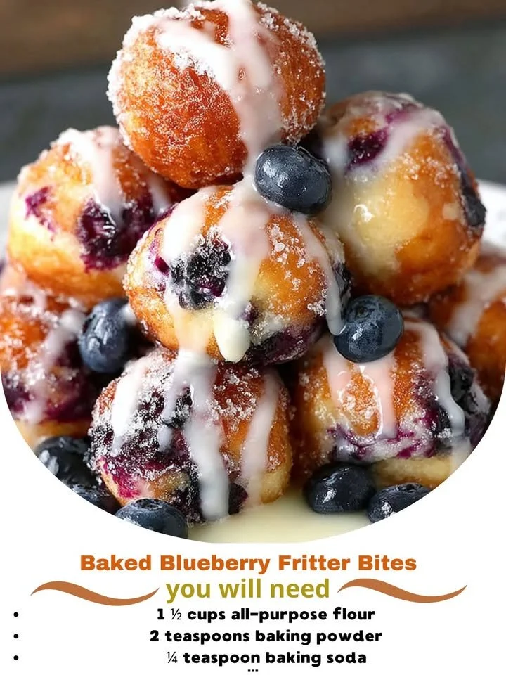 Baked blueberry fritter bites arranged on a plate, showcasing their fluffy texture.
