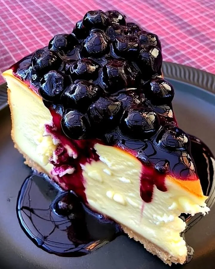 Delicious baked cheesecake with blueberry sauce drizzled on top