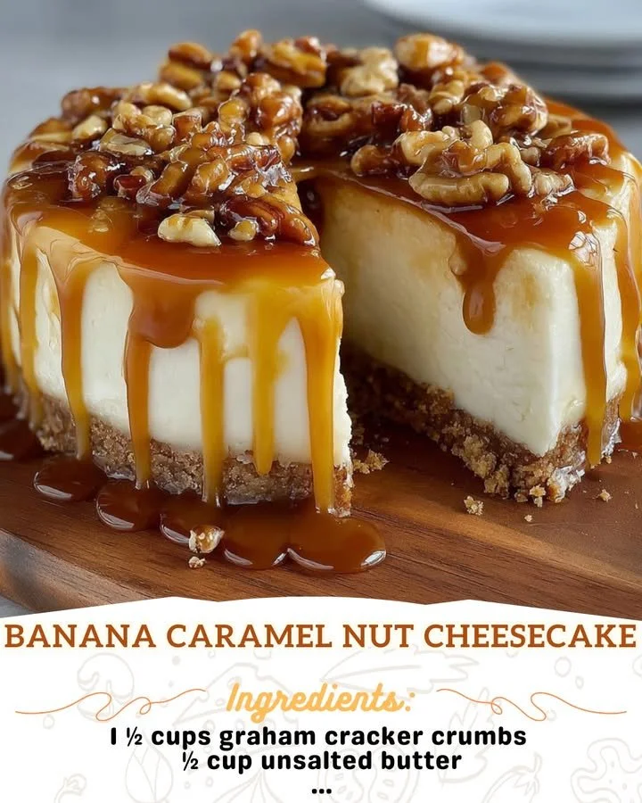 A slice of banana caramel nut cheesecake topped with nuts and caramel drizzle.