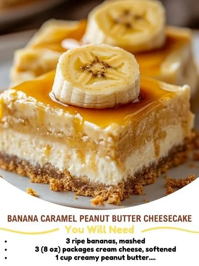Delicious Banana Caramel Cheesecake topped with peanut butter drizzle.