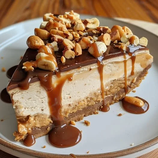 Delicious Banana Caramel Cheesecake with peanut butter layers