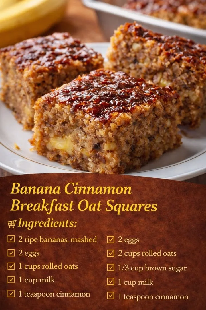 Banana cinnamon breakfast oat squares with oats and bananas