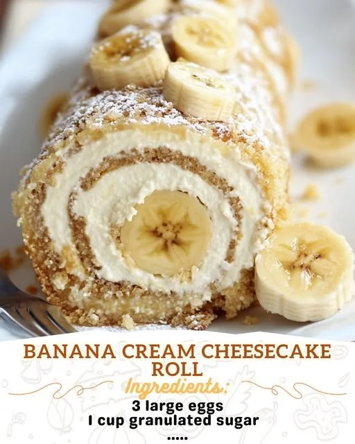 Slice of Banana Cream Cheesecake Roll with whipped cream and banana slices