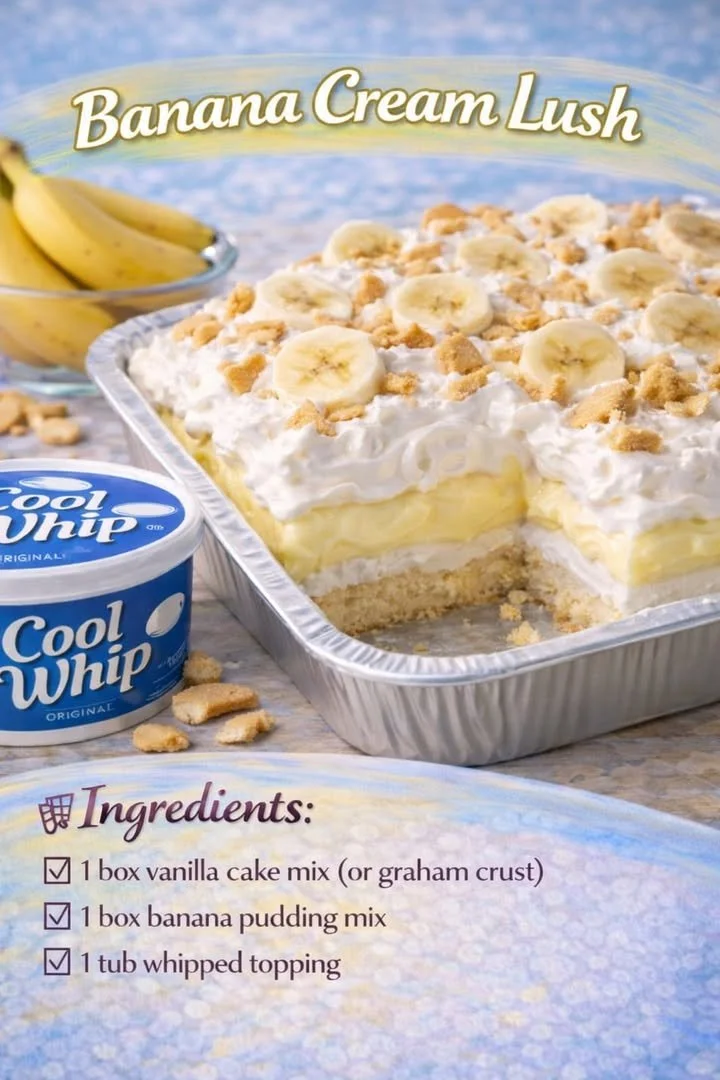 Delicious slice of Banana Cream Lush dessert topped with whipped cream and banana slices