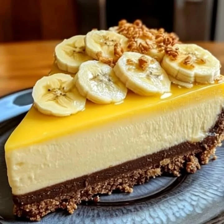 Slice of homemade Banana Pudding Cheesecake with banana slices and wafers