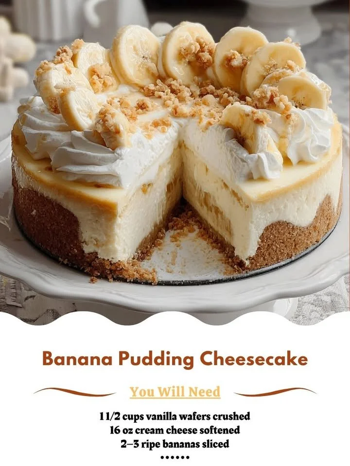 Slice of Banana Pudding Cheesecake topped with whipped cream and bananas