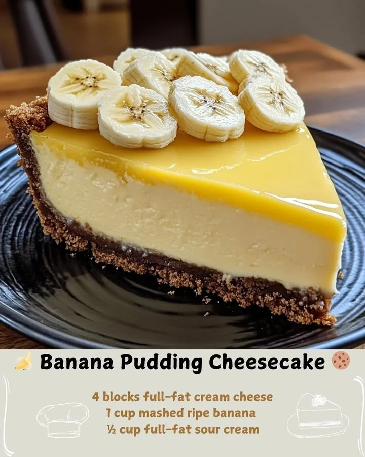 Slice of banana pudding cheesecake topped with whipped cream and banana slices