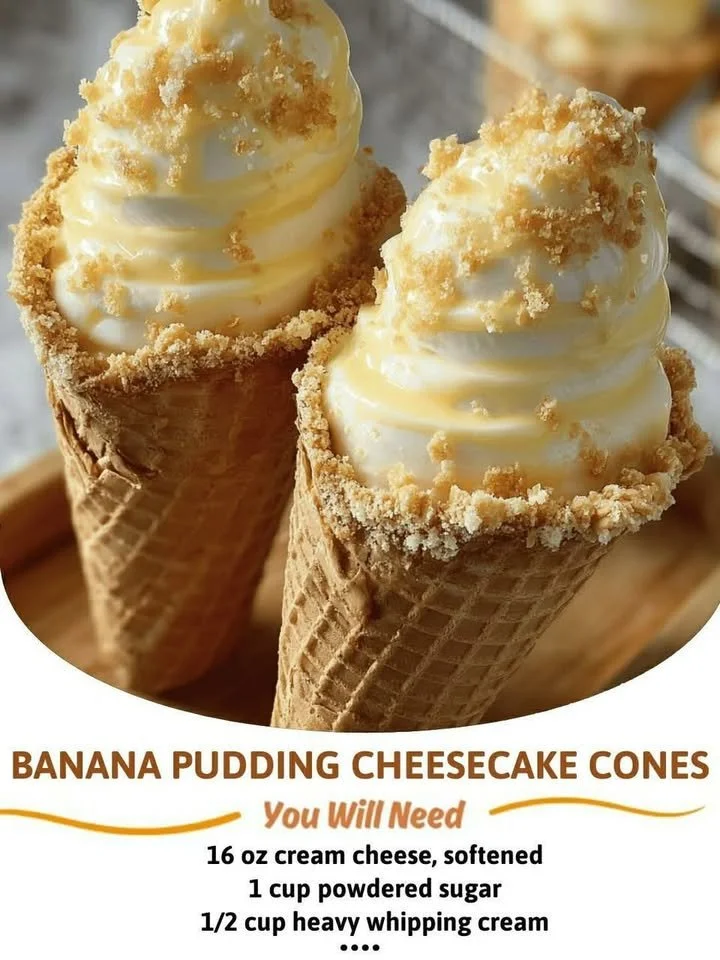 Banana Pudding Cheesecake Cones served with whipped cream and banana slices