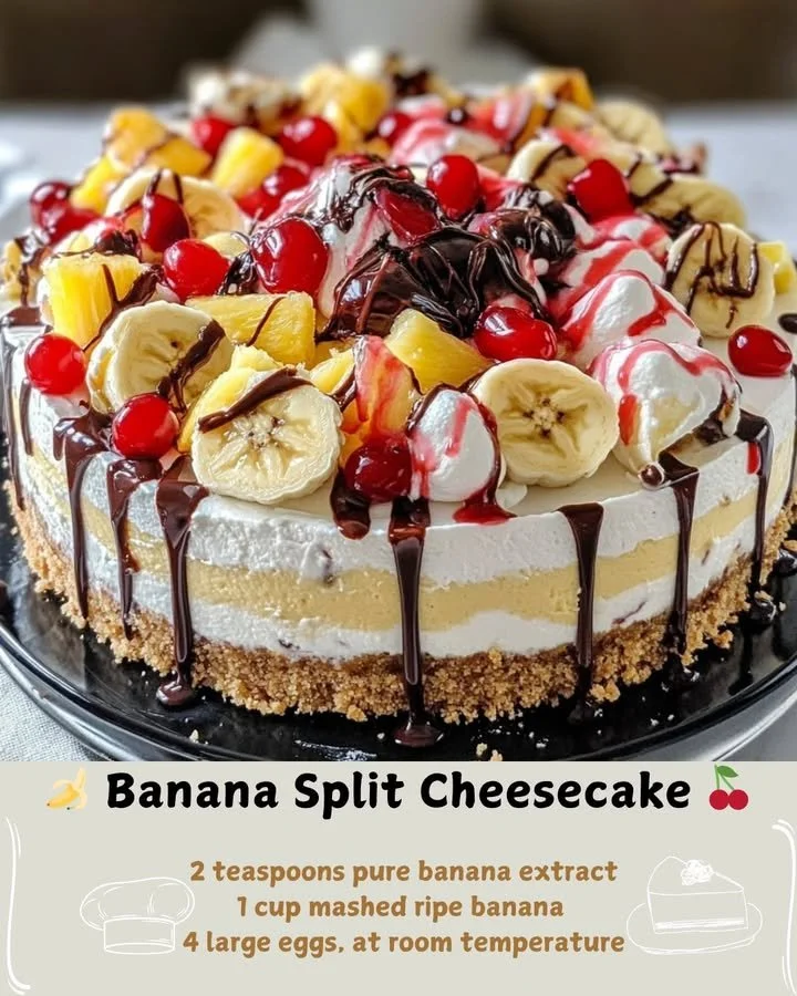 Delicious Banana Split Cheesecake with layers of banana and whipped cream