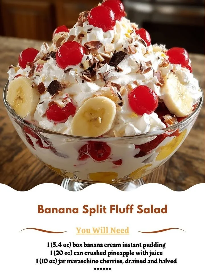 Delicious Banana Split Fluff Salad with bananas, whipped cream, and toppings