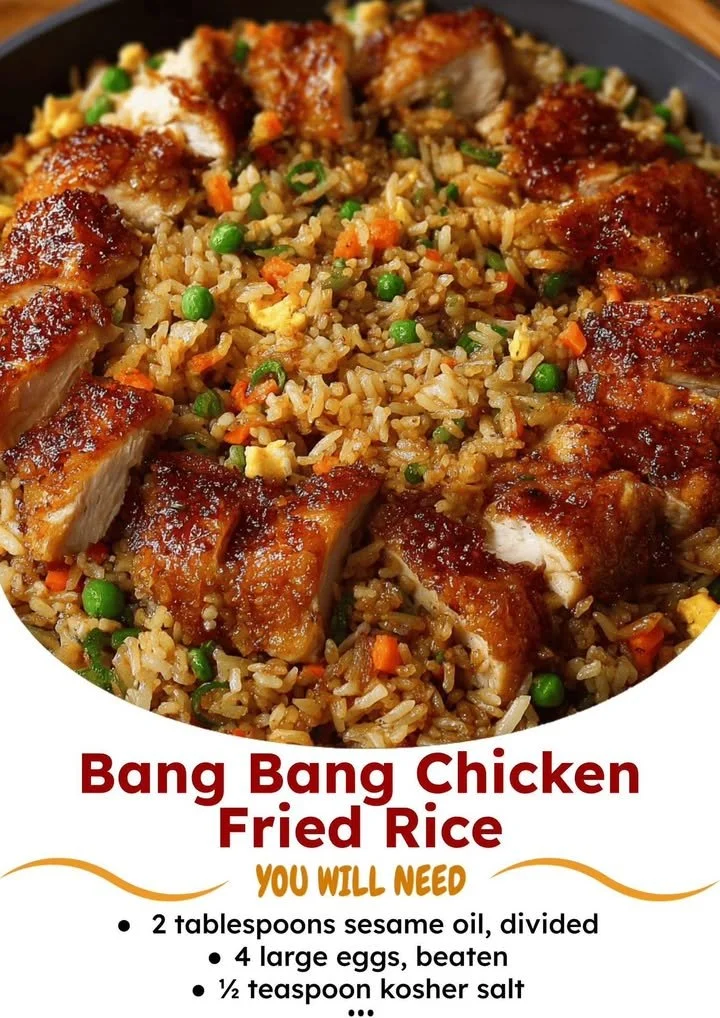 Plate of Bang Bang Chicken Fried Rice garnished with vegetables
