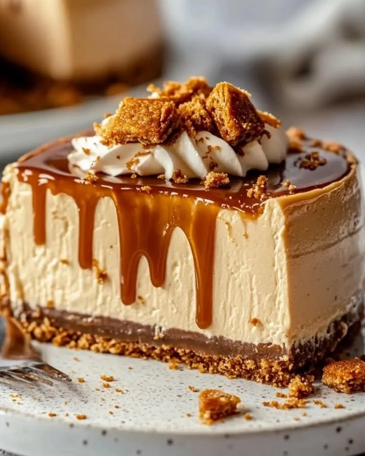 Delicious Biscoff cheesecake with caramel drizzle on a white plate