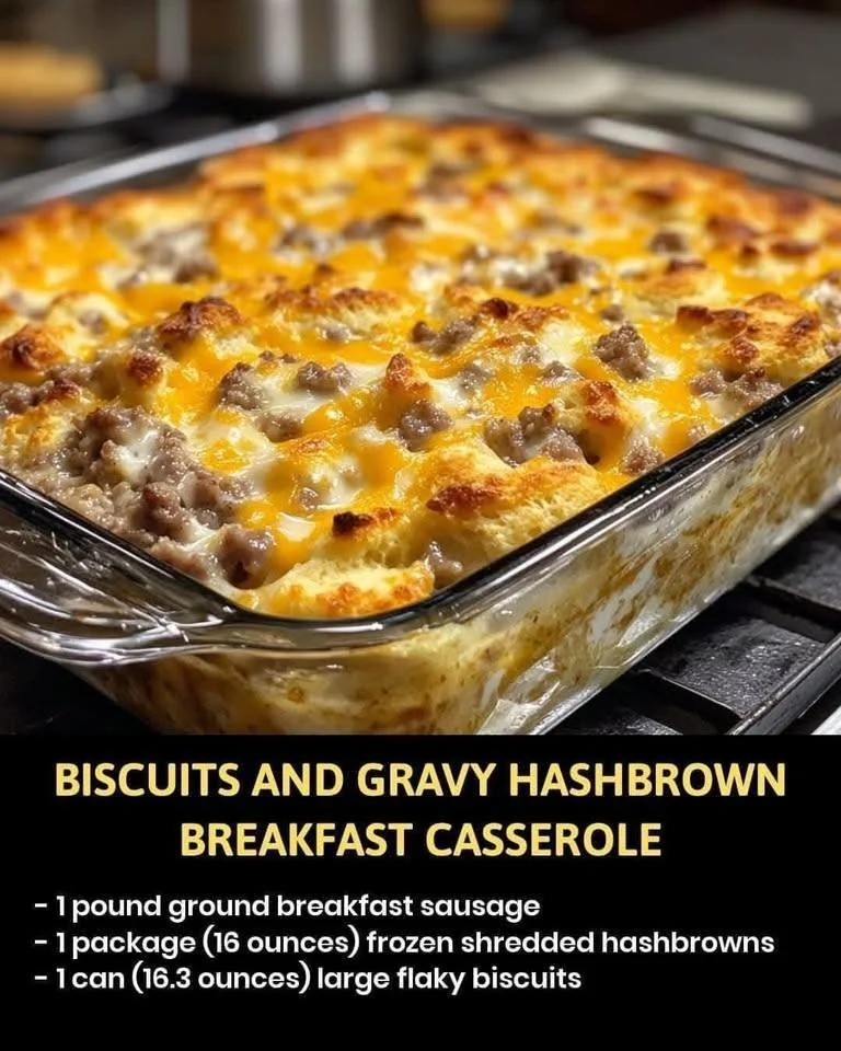 Delicious Biscuits and Gravy Hashbrown Breakfast Casserole on a plate