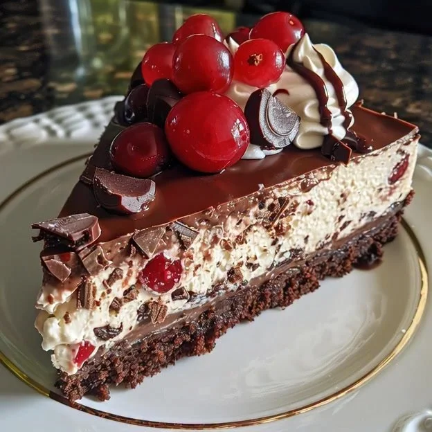 Deliciously layered Black Forest Cheesecake with chocolate and cherries