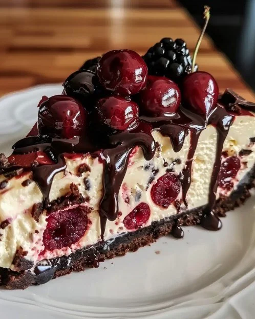 Delicious Black Forest Cheesecake with cherries and chocolate layers
