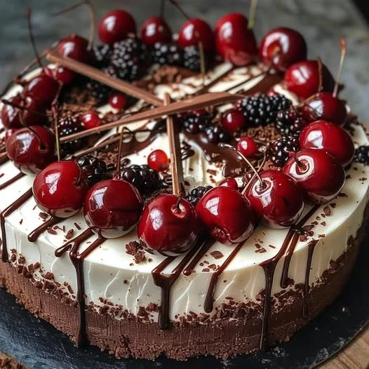 Delicious Black Forest Cheesecake with cherries and chocolate layers