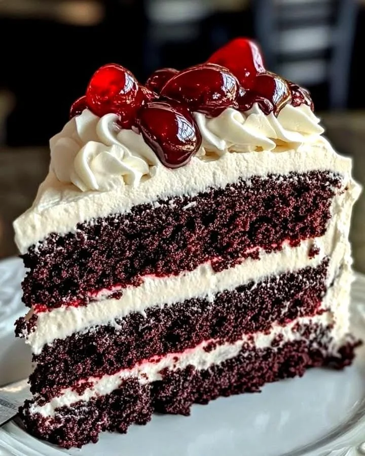 Delicious Black Forest Collapse Cake adorned with cherries and whipped cream