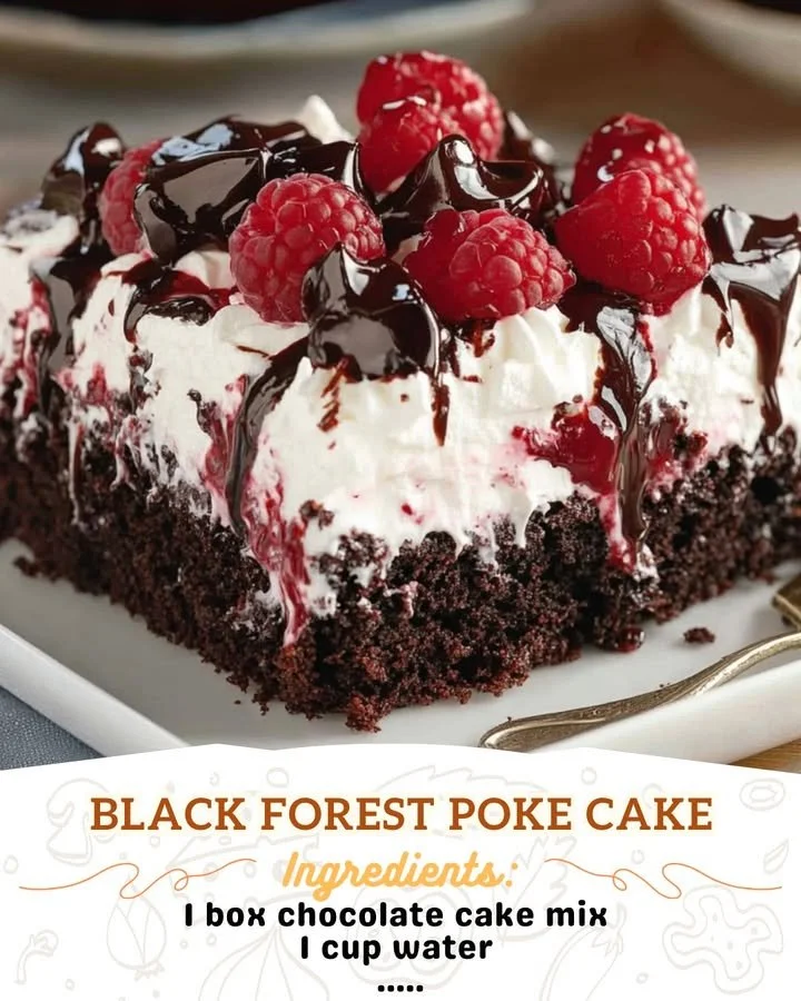Delicious Black Forest Poke Cake topped with cherries and whipped cream