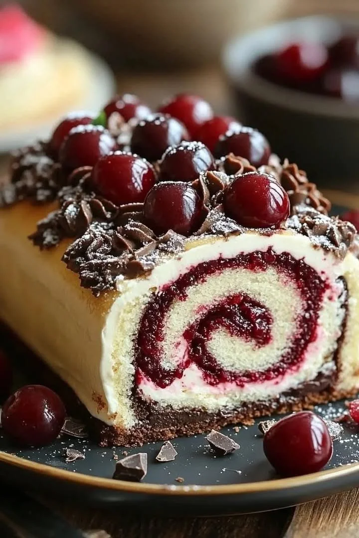 Delicious Black Forest Roll Cake topped with cherries and whipped cream