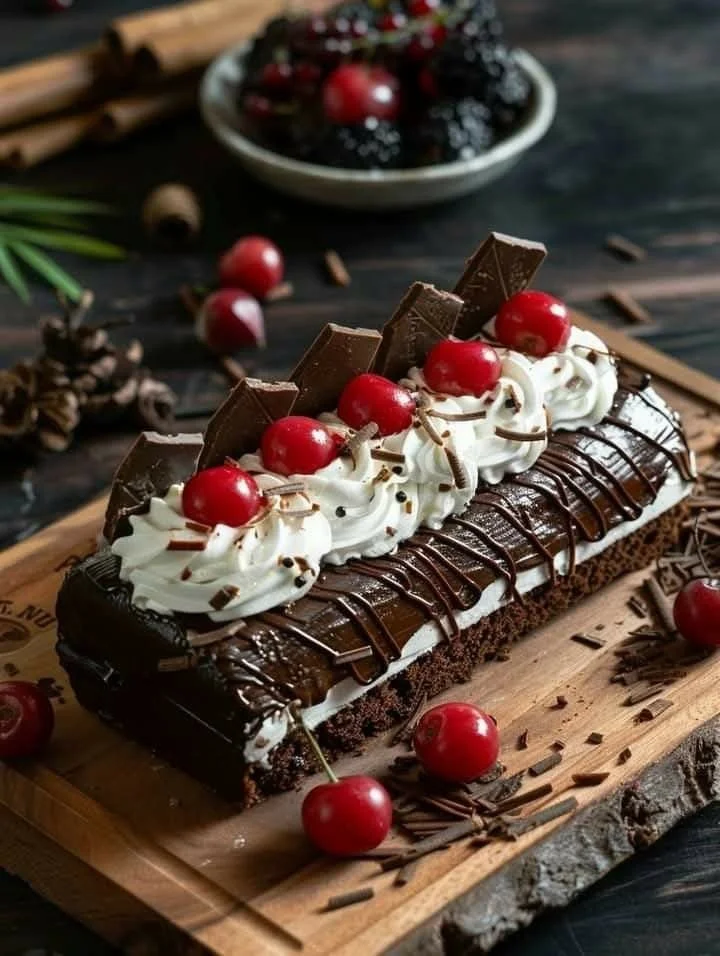 Black Forest Swiss Roll with cherries and cream filling on a white plate