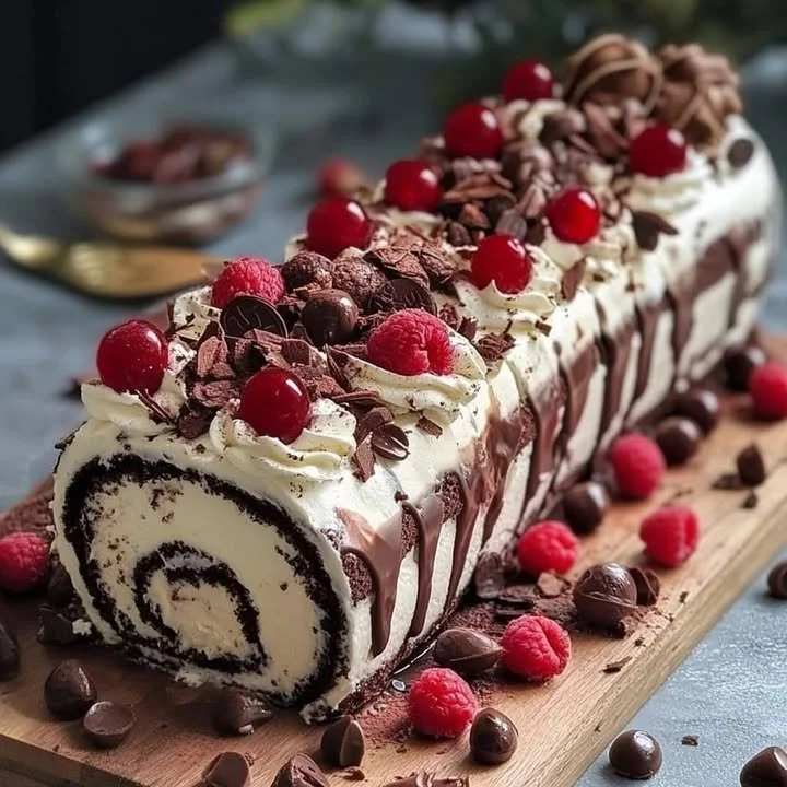 Delicious Black Forest Swiss Roll dessert topped with cherries and chocolate