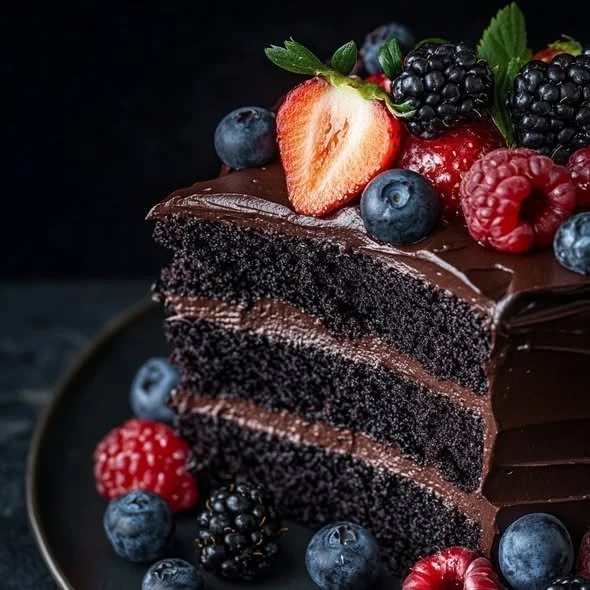 Delicious Black Velvet Berry Cake topped with fresh berries and rich frosting