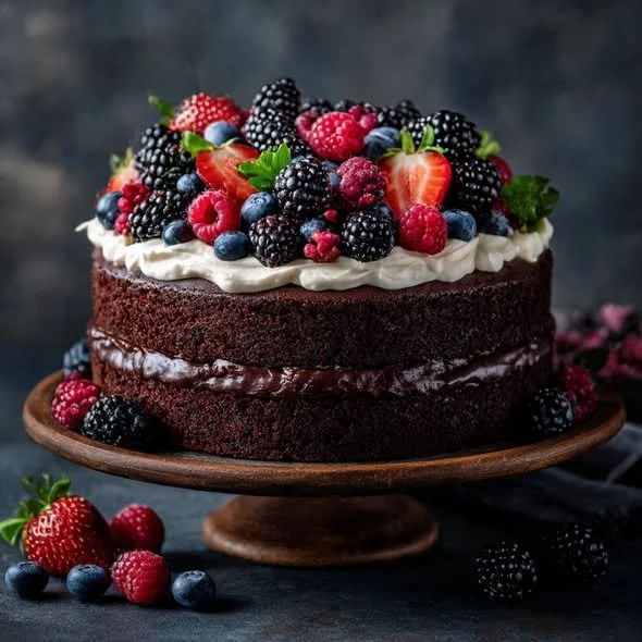 Delicious Black Velvet Berry Cake decorated with fresh berries and chocolate frosting