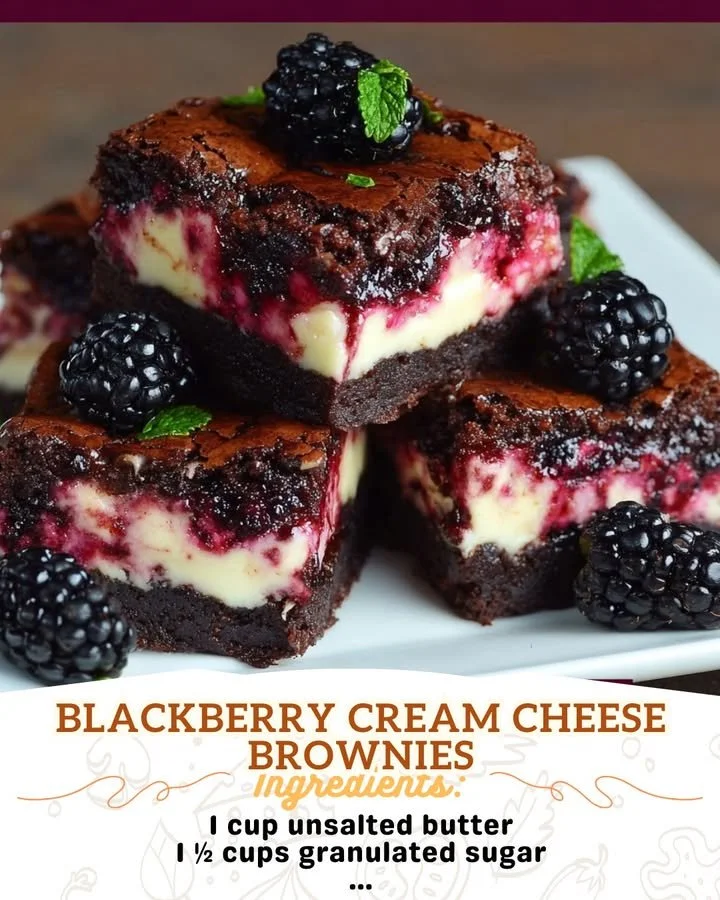 Delicious Blackberry Cream Cheese Brownies topped with fresh blackberries