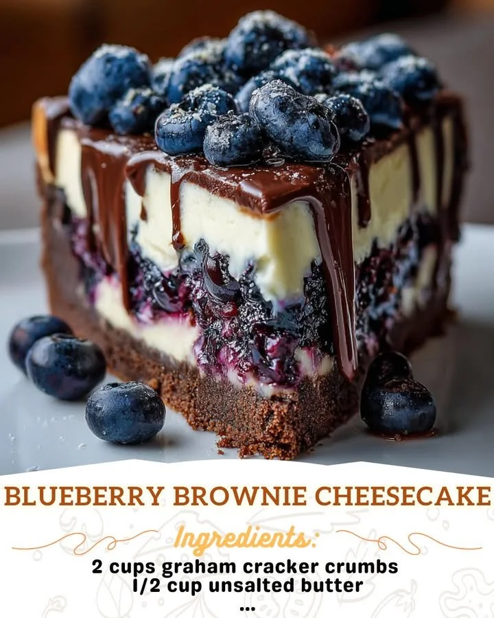 Delicious blueberry brownie cheesecake topped with fresh blueberries.
