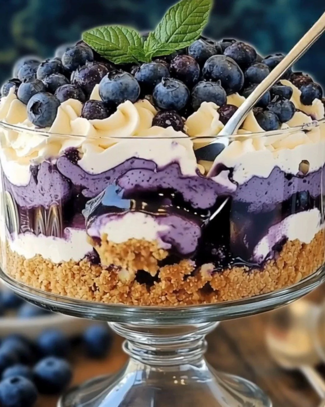 Delicious blueberry cheesecake trifle layered dessert
