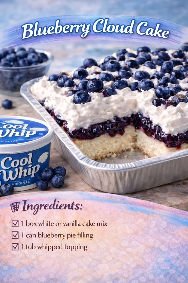 Delicious Blueberry Cloud Cake topped with fresh blueberries and whipped cream