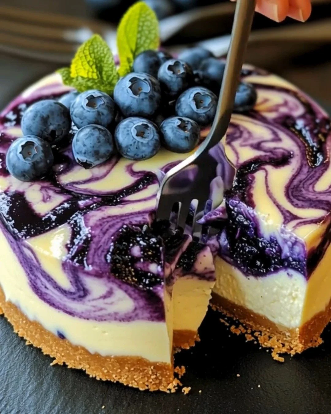 Blueberry Swirl Cheesecake topped with fresh blueberries and a luscious swirl.