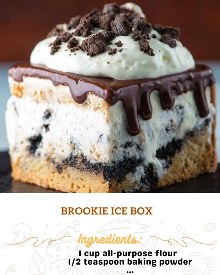 Delicious Brookie Ice Box dessert featuring brownies and cookies layers.
