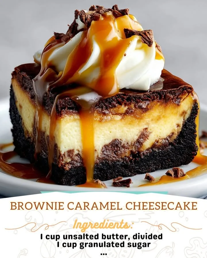 Decadent Brownie Caramel Cheesecake with layers of brownie, cheesecake, and caramel.