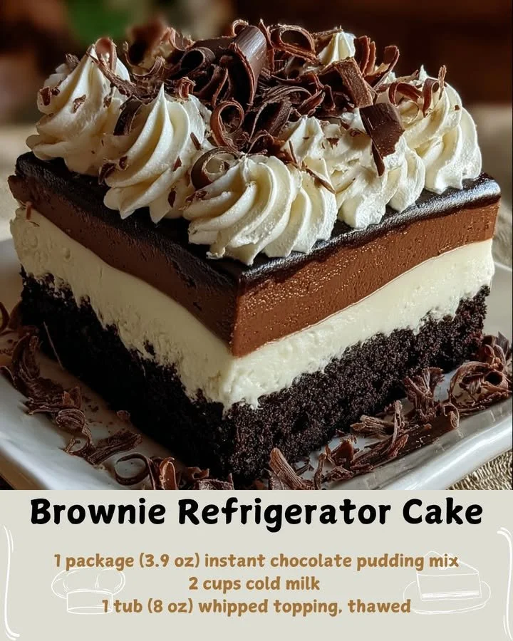 Delicious Brownie Refrigerator Cake served on a plate, topped with chocolate and nuts.