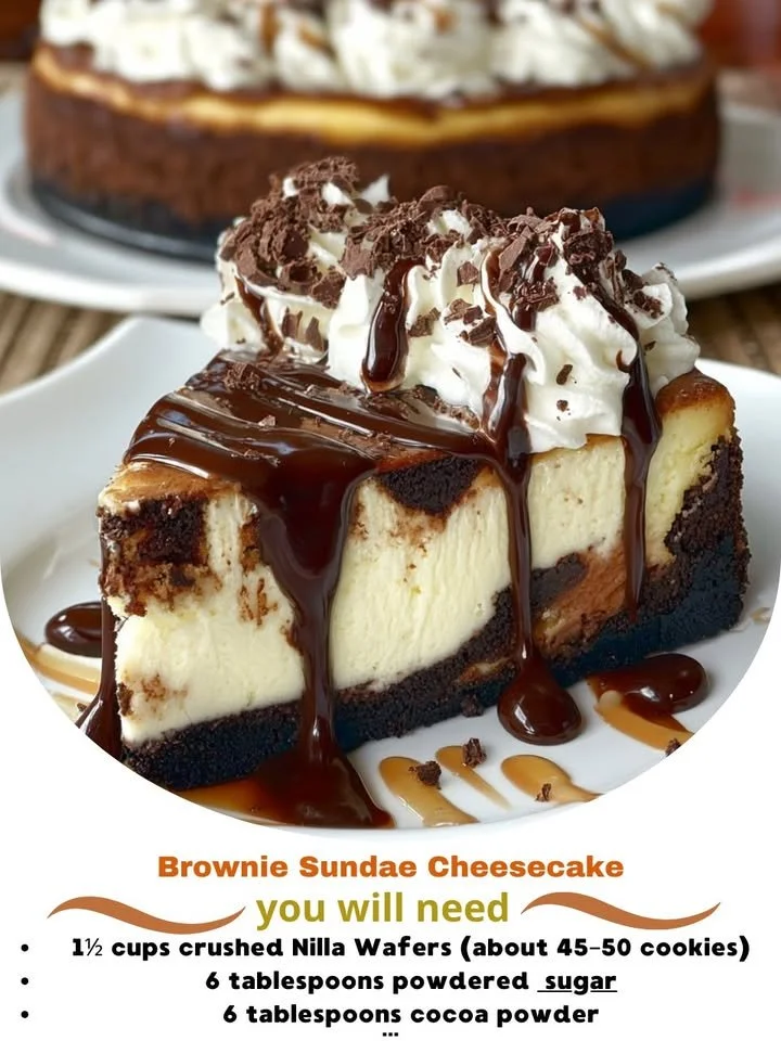 Delicious Brownie Sundae Cheesecake with chocolate sauce and whipped cream