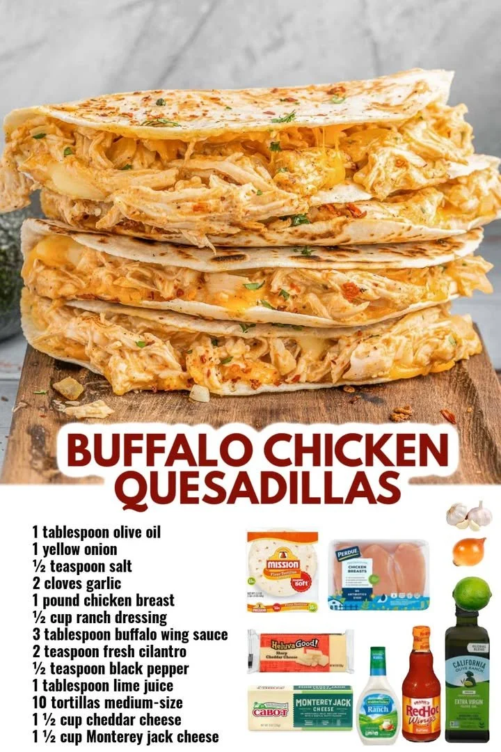 Delicious Buffalo Chicken Quesadillas served with a side of ranch dipping sauce.