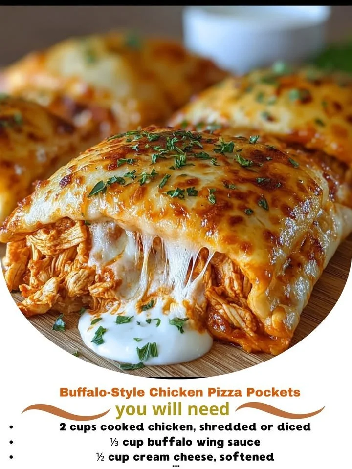 Buffalo-Style chicken pizza pockets with melted cheese and herbs
