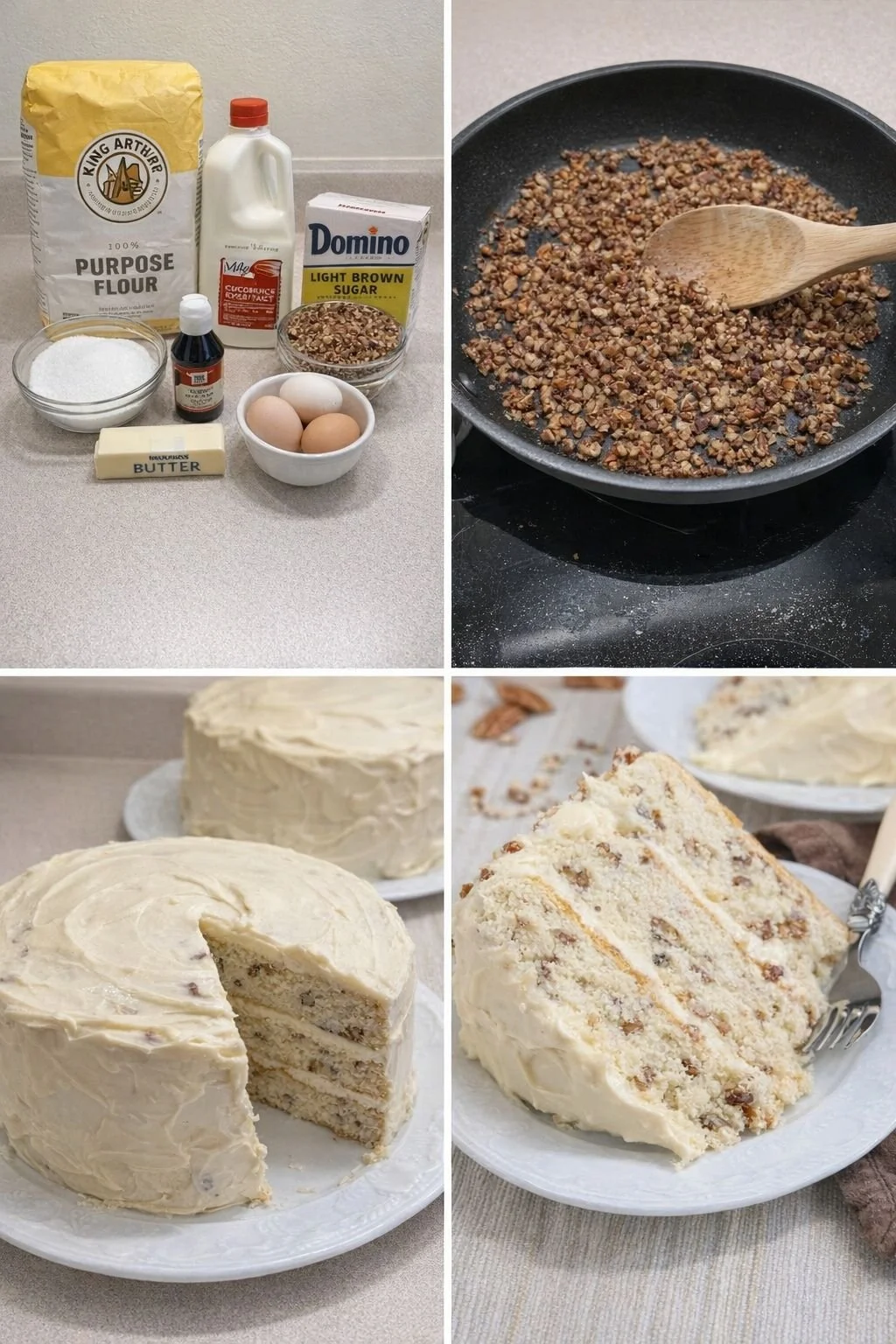 Delicious Butter Pecan Cake topped with pecans and creamy frosting